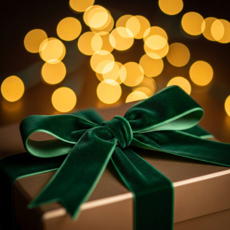 Gift box with green bow on abstract bokeh background.の素材