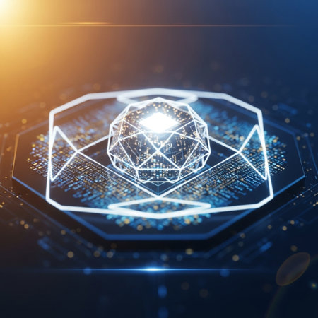 Abstract glowing low poly wireframe cube on blue background. 3D Renderingの素材