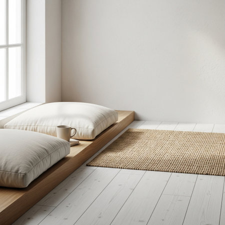 Interior of modern bedroom with white walls, wooden floor, comfortable bed with pillows and coffee cup. 3d renderingの素材