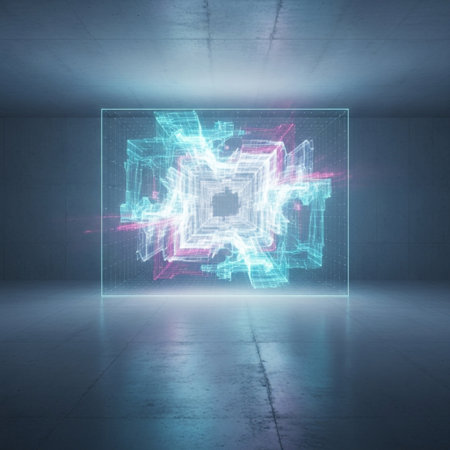 Futuristic glowing cube in empty room. 3D Renderingの素材