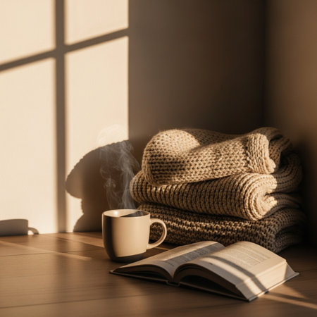 Cozy home interior with a cup of coffee, book and knitted sweaterの素材