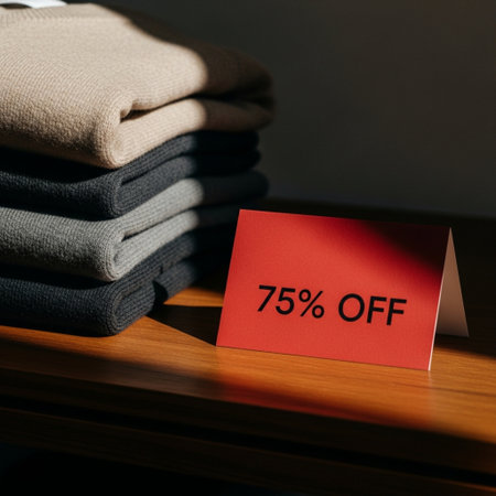 Fifty percent off on a stack of clothing on a wooden shelfの素材