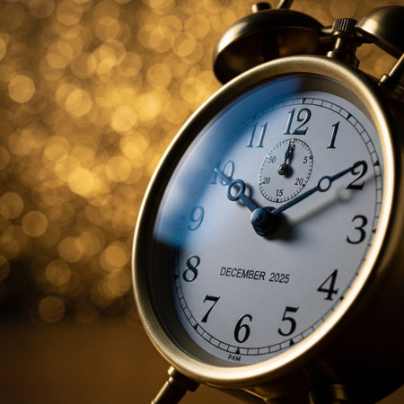 Close up of vintage alarm clock on golden bokeh background.の素材