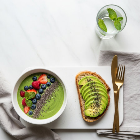 Healthy breakfast. Green smoothie bowls with berries, avocado and chia seeds on white marble background.の素材