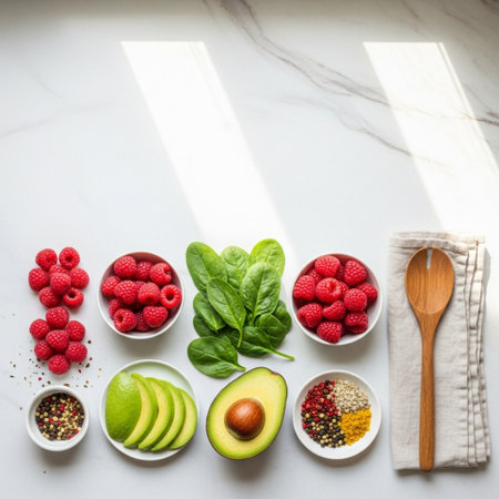 Healthy food concept. Assortment of fresh organic vegetables and fruits on white marble table. Top view, flat layの素材