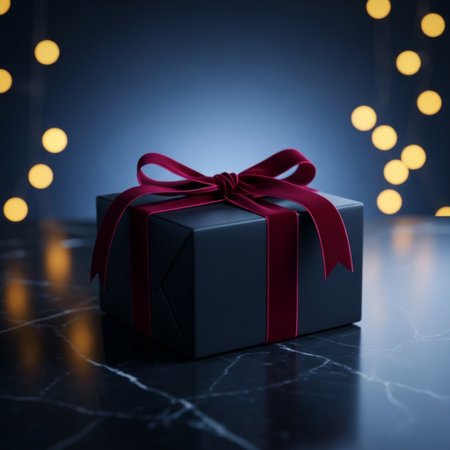 Black gift box with red ribbon and bokeh lights on backgroundの素材