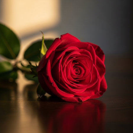 Red rose on a wooden table. Shallow depth of field.の素材