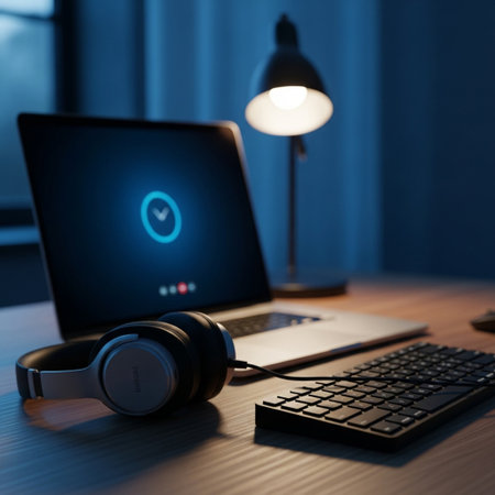 Computer and headphones on the table in the office. 3d renderingの素材