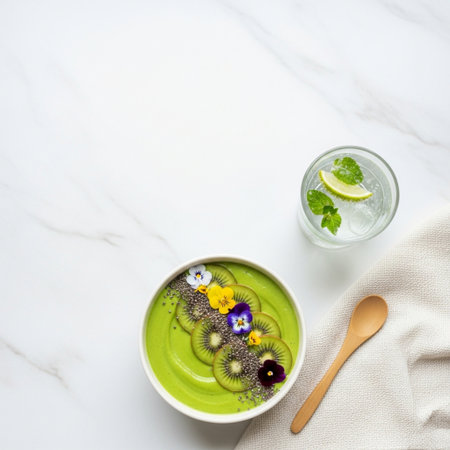 Matcha green tea smoothie bowl and ingredients on white marble table.の素材
