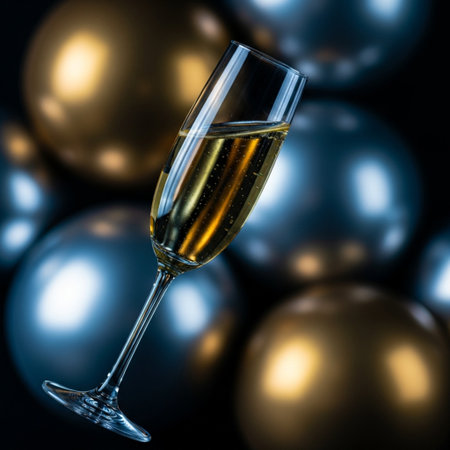 Champagne glass on a background of golden Christmas balls. New Year conceptの素材