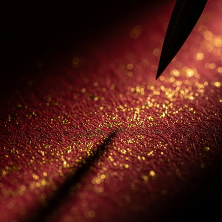 Red textured background with golden sparkles. Selective focus.の素材