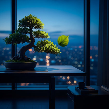 Bonsai tree on the table with city view at night.の素材