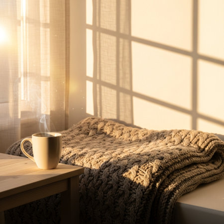 Cup of coffee and knitted blanket on wooden table in front of windowの素材