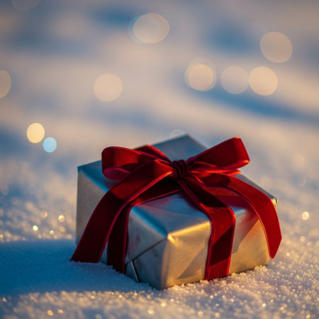 Gift box on snow with bokeh background. Christmas concept.の素材