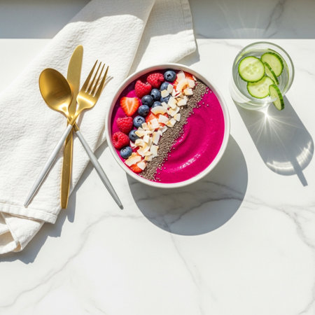 Healthy breakfast bowl with smoothie bowl, fresh berries and chia seeds on white marble table.の素材