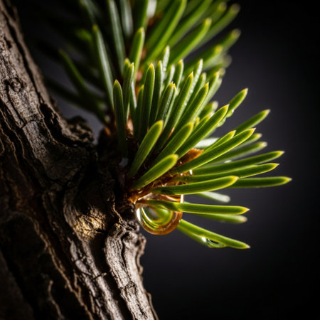 Pine branch on a black background. Macro. Selective focus.の素材
