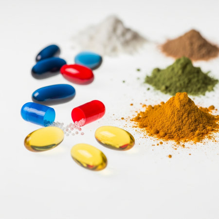 Colorful pills and powder on white background. Focus on foreground.の素材