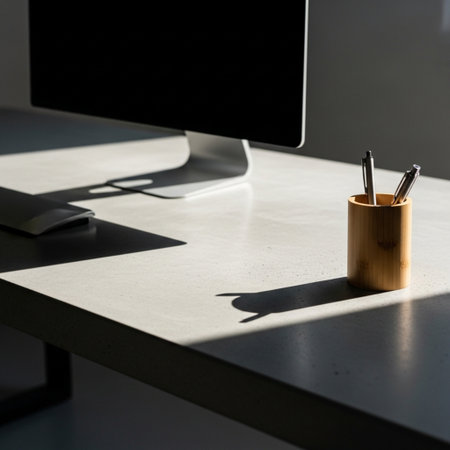 Office desk with computer, supplies and coffee cup. Selective focusの素材