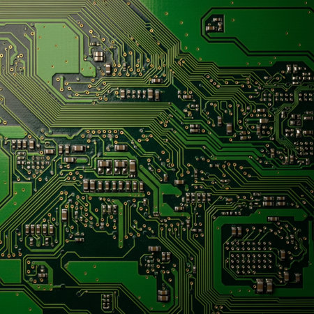 Close up of printed green computer circuit board. Background and texture.の素材