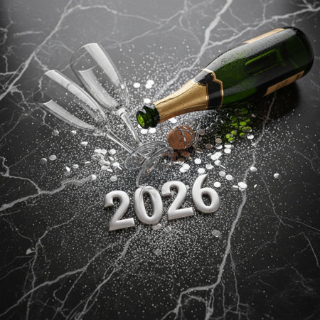 New Year 2020 celebration with champagne bottle and glasses on black marble backgroundの素材