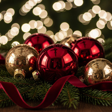 Christmas decoration with fir tree and baubles on bokeh backgroundの素材