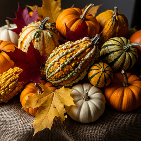 Colorful pumpkins and autumn leaves on rustic background. Fall harvest.の素材