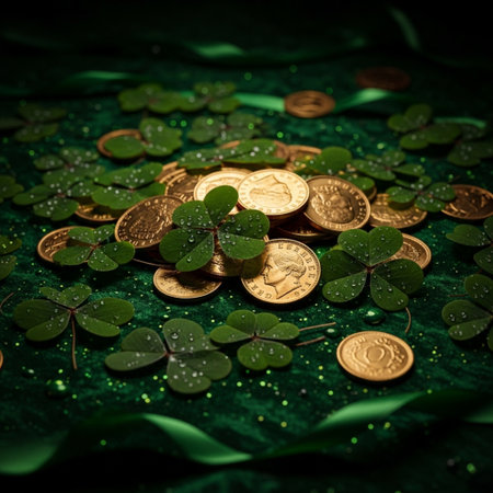 Gold coins with clover leaves on green background. St.Patrick's Dayの素材