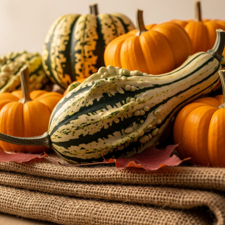 Pumpkins and autumn leaves on sackcloth. Autumn background.の素材