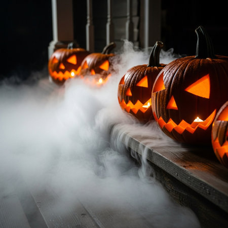 Halloween pumpkins and smoke on dark background. Selective focusの素材