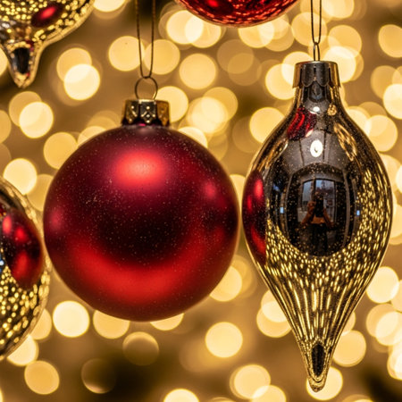 Christmas ornaments on golden bokeh background. Close-up.の素材