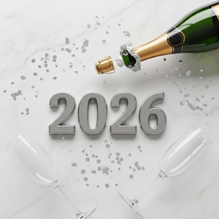 Happy New Year 2016 with champagne bottle and glasses on white marble backgroundの素材