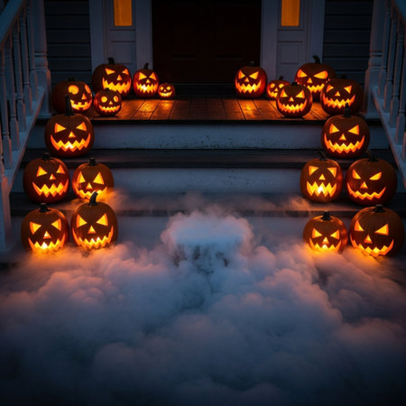 Halloween pumpkins on the porch of the house with clouds.の素材