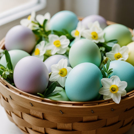 Colorful easter eggs in a basket with daffodilsの素材