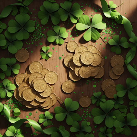 St. Patrick's Day background with gold coins and clover leavesの素材