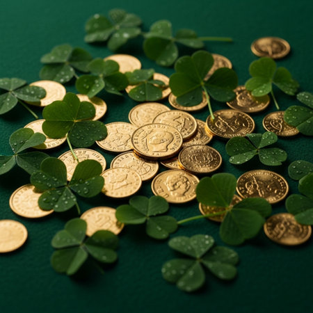 Clover leaves and gold coins on a green background. St. Patrick's Day.の素材