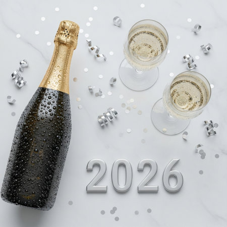 New Year's Eve celebration theme with champagne bottle and glassesle backgroundの素材