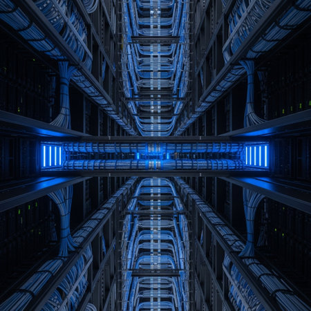 Futuristic server room with glowing lights. 3D Renderingの素材