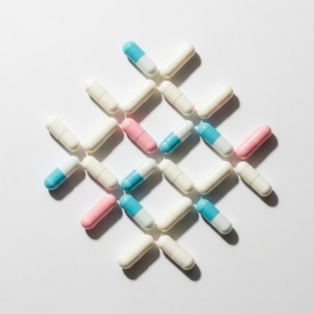 Colorful pills on white background. Top view, flat lay.の素材
