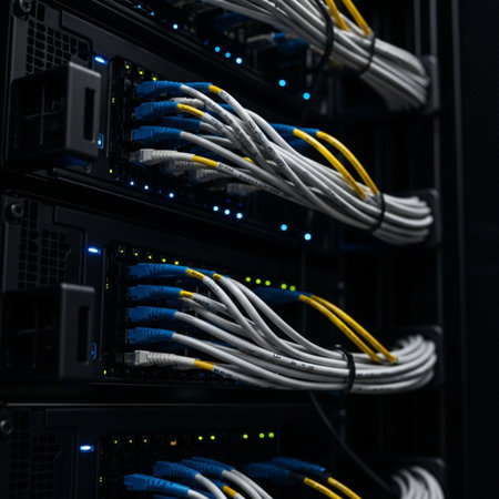 close up of network cables connected to server racks in data center roomの素材