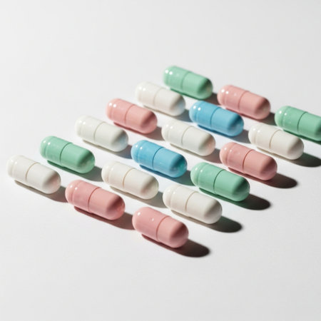 Colored pills on a white background. Focus on foreground, soft bokeh.の素材