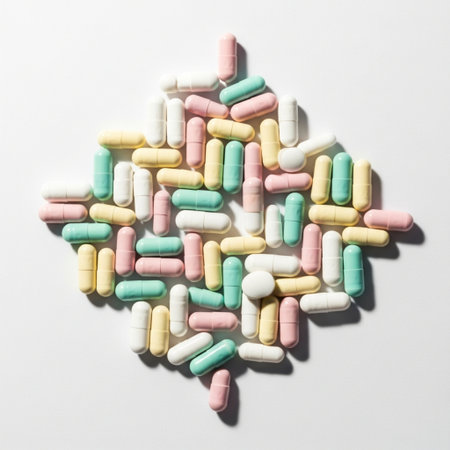Colorful pills on white background. Top view, flat lay.の素材
