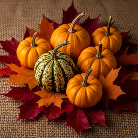 Autumn pumpkins and red maple leaves on burlap background.の素材