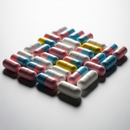 Colorful pills on white background. Close-up. Focus on foreground.の素材