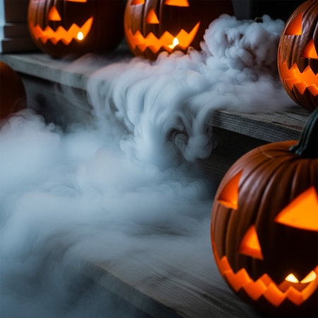 Halloween pumpkins with smoke on wooden background. Copy space.の素材