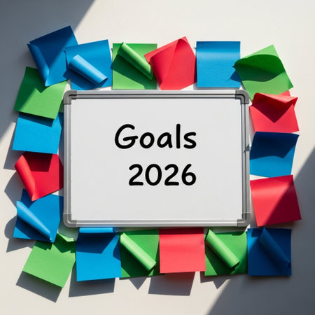 Business concept image of Goals 2020 written on a whiteboard surrounded by colorful stickersの素材