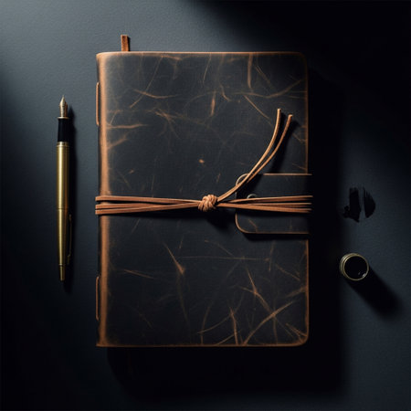 Notebook and pen on the black background. Flat lay, top view.の素材