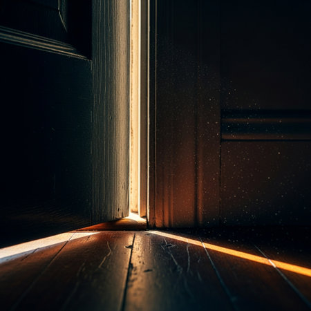 Light coming through the door of a dark room with wooden floor.の素材