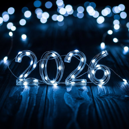 New Year 2016. Christmas lights on wooden background. New Year's Eveの素材