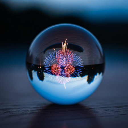 Colorful fireworks in a crystal ball on a wooden surface. Selective focus.の素材