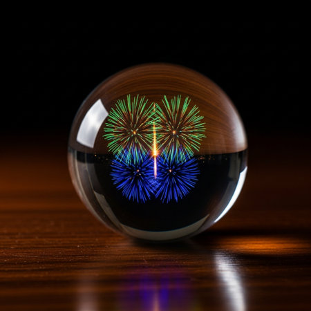 Fireworks in a crystal ball on a black background. 3D illustration.の素材